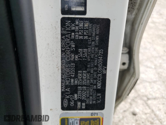 2017 Kia Niro Touring Launch Edition with VIN KNDCC3LC6H5094735, listed as a Copart auction lot 59185724 with 143,964 mi miles and Non Repairable. Bid and sale history available at carsss.com. Image 13.