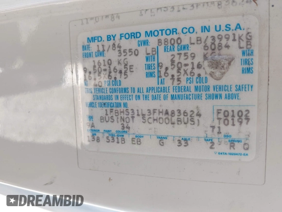 1985 Ford Econoline Cargo with VIN 1FBHS31L3FHA83624, listed as a IAAI auction lot 41987555 with 2,242 mi miles and . Bid and sale history available at DreamBid. Image 9.