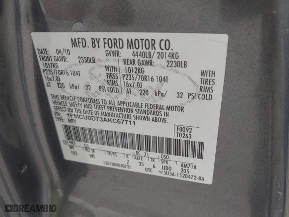 2010 Ford Escape XLT with VIN 1FMCU0D73AKC67711, listed as a IAAI auction lot 41891915 with 254,378 mi miles. Bid and sale history available at carsss.com. Image 9.