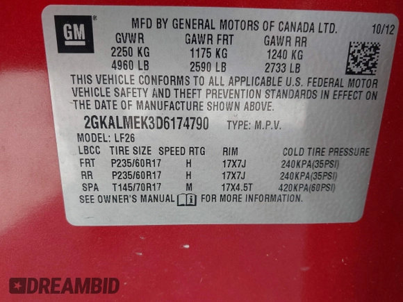 2013 GMC Terrain SLE with VIN 2GKALMEK3D6174790, listed as a IAAI auction lot 42370604 with 139,010 mi miles and . Bid and sale history available at DreamBid. Image 9.