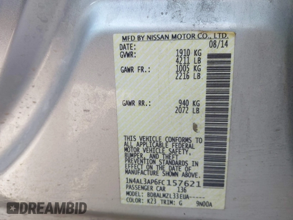 2015 Nissan Altima 2.5 S with VIN 1N4AL3AP6FC157621, listed as a IAAI auction lot 41827747 with 163,305 mi miles. Bid and sale history available at carsss.com. Image 9.