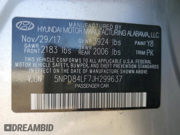 2018 Hyundai Elantra SEL with VIN 5NPD84LF7JH299637, listed as a Copart auction lot 53765285 with 95,933 mi miles and Clean Title. Bid and sale history available at DreamBid. Image 12.