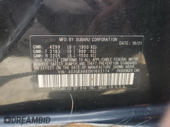 2022 Subaru Impreza with VIN 4S3GKAA60N1603114, listed as a Copart auction lot 61980125 with Not provided miles and Salvage title. Bid and sale history available at DreamBid. Image 12.