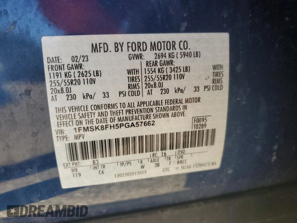 2023 Ford Explorer Limited with VIN 1FMSK8FH5PGA57662, listed as a Copart auction lot 45501215 with 58,271 mi miles and Salvage Title. Bid and sale history available at carsss.com. Image 16.