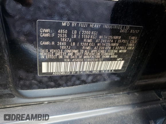 2017 Subaru Outback Touring z VIN 4S4BSETC9H3336127, wystawiony jako Copart lot #53920235 z przebiegiem 138 842 mil mil oraz Szkoda całkowita • Salvage title. Historia ofert i sprzedaży dostępna na DreamBid. Obrazek 13.