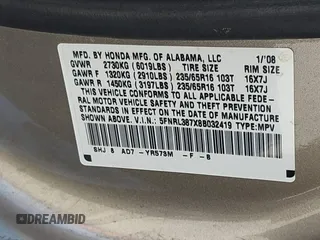2008 Honda Odyssey EX-L with VIN 5FNRL387X8B032419, listed as a IAAI auction lot 42174820 with 160,804 mi miles and . Bid and sale history available at DreamBid. Image 9.