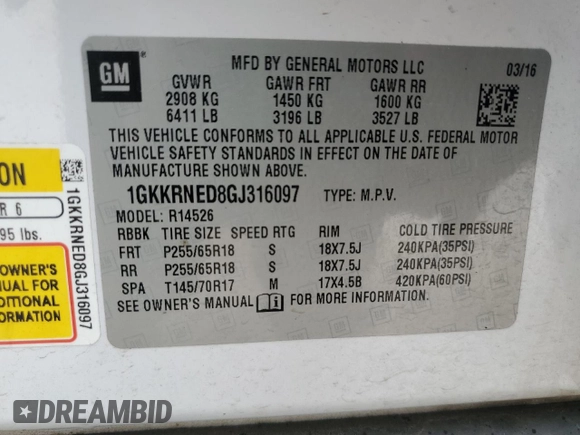 2016 GMC Acadia SLE with VIN 1GKKRNED8GJ316097, listed as a Copart auction lot 59506895 with 139,254 mi miles and Salvage title. Bid and sale history available at DreamBid. Image 13.