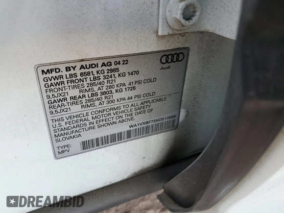 2022 Audi Q7 Prestige with VIN WA1VXBF73ND014986, listed as a Copart auction lot 45698425 with 22,181 mi miles and Salvage title. Bid and sale history available at DreamBid. Image 13.
