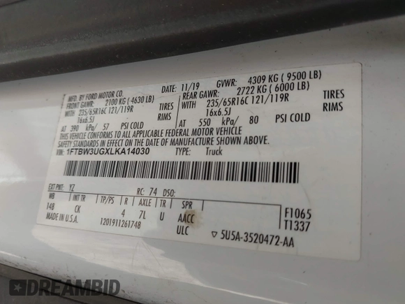 2020 Ford Transit Cargo with VIN 1FTBW3UGXLKA14030, listed as a IAAI auction lot 42505110 with 169,612 mi miles and . Bid and sale history available at DreamBid. Image 9.