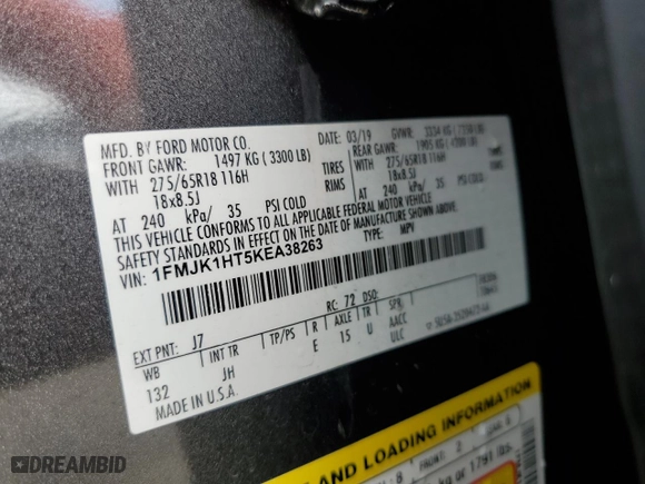 2019 Ford Expedition Max XLT with VIN 1FMJK1HT5KEA38263, listed as a Copart auction lot 71312913 with 0 mi miles and Non Repairable. Bid and sale history available at carsss.com. Image 13.