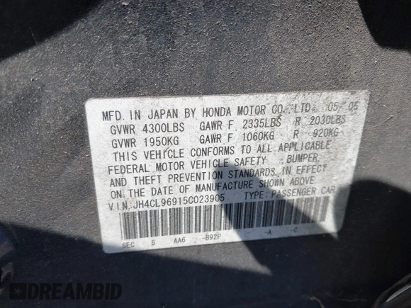 2005 Acura TSX with VIN JH4CL96915C023905, listed as a IAAI auction lot 42337485 with Not provided miles and . Bid and sale history available at DreamBid. Image 9.