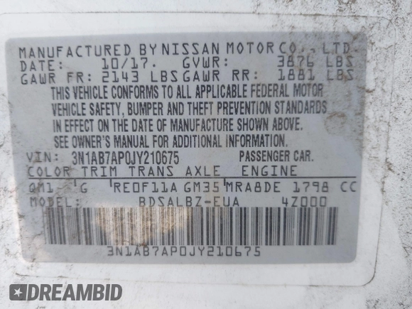 2018 Nissan Sentra S with VIN 3N1AB7AP0JY210675, listed as a IAAI auction lot 42128528 with 76,299 mi miles and . Bid and sale history available at DreamBid. Image 9.