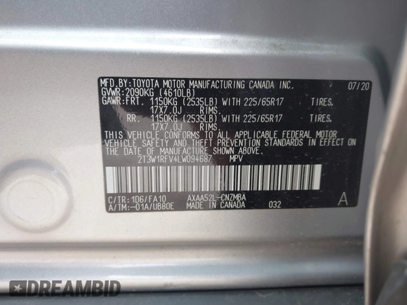 2020 Toyota RAV4 XLE with VIN 2T3W1RFV4LW094687, listed as a IAAI auction lot 42652039 with 56,693 mi miles and . Bid and sale history available at DreamBid. Image 9.