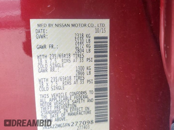 2015 Nissan Murano Platinum z VIN 5N1AZ2MG5FN277098, wystawiony jako Copart lot #59943075 z przebiegiem 112 240 mil mil oraz Szkoda całkowita • Salvage title. Historia ofert i sprzedaży dostępna na DreamBid. Obrazek 13.
