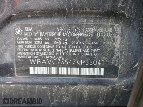 2007 BMW 3 Series 328xi с VIN WBAVC73547KP35041, выставлен на аукционе Copart как лот 54932625 с пробегом 119 320 миль миль и Чистый • Clean title. История ставок и продаж доступна на DreamBid. Изображение 12.