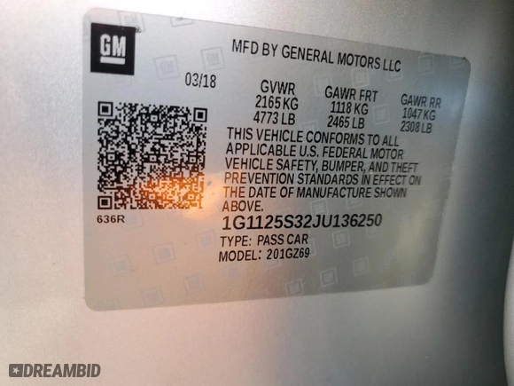 2018 Chevrolet Impala Premier with VIN 1G1125S32JU136250, listed as a Copart auction lot 46440575 with 134,614 mi miles and Salvage Title. Bid and sale history available at carsss.com. Image 12.