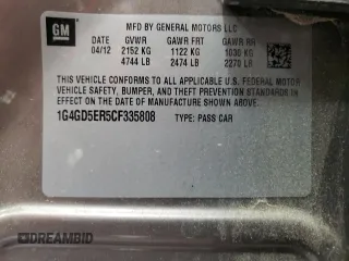 2012 Buick LaCrosse Premium 1 with VIN 1G4GD5ER5CF335808, listed as a Copart auction lot 53086825 with 189,663 mi miles and Salvage Title. Bid and sale history available at carsss.com. Image 12.