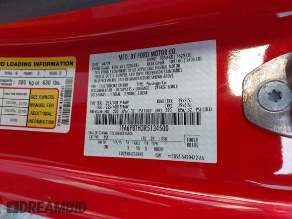 2024 Ford Mustang EcoBoost with VIN 1FA6P8TH3R5134500, listed as a IAAI auction lot 41606977 with 2,369 mi miles and . Bid and sale history available at DreamBid. Image 9.