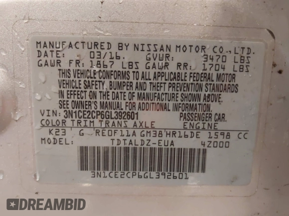 2016 Nissan Note SV with VIN 3N1CE2CP6GL392601, listed as a IAAI auction lot 41899639 with Not provided miles and . Bid and sale history available at DreamBid. Image 9.