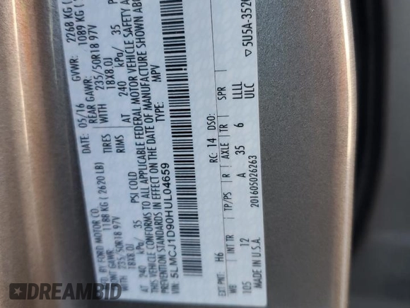 2017 Lincoln MKC Premiere with VIN 5LMCJ1D90HUL04659, listed as a Copart auction lot 45503395 with 193,677 mi miles and Salvage Title. Bid and sale history available at DreamBid. Image 15.