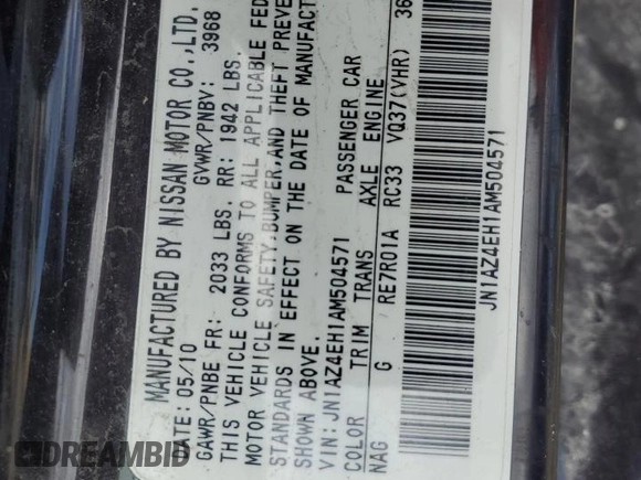 2010 Nissan 370Z Touring with VIN JN1AZ4EH1AM504571, listed as a Copart auction lot 67776294 with 56,166 mi miles and Salvage Title. Bid and sale history available at carsss.com. Image 12.