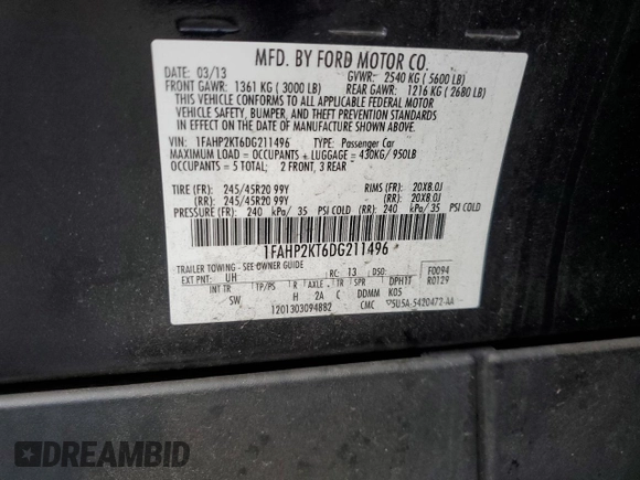 2013 Ford Taurus SHO with VIN 1FAHP2KT6DG211496, listed as a Copart auction lot 63424445 with 123,742 mi miles and Salvage title. Bid and sale history available at DreamBid. Image 12.
