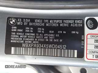 2005 BMW X3 3.0i z VIN WBXPA934X5WD04512, wystawiony jako IAAI lot #42138621 z przebiegiem 156 197 mil mil oraz . Historia ofert i sprzedaży dostępna na DreamBid. Obrazek 9.