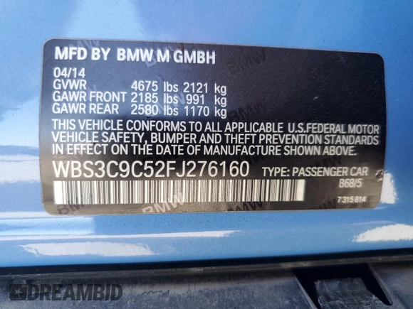 2015 BMW M3 with VIN WBS3C9C52FJ276160, listed as a Copart auction lot 61135805 with 71,708 mi miles and Salvage title. Bid and sale history available at DreamBid. Image 13.