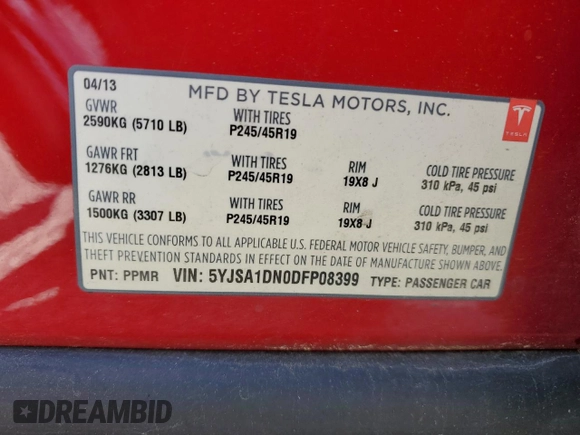 2013 Tesla Model S with VIN 5YJSA1DN0DFP08399, listed as a Copart auction lot 58848335 with 162,476 mi miles and Clean title. Bid and sale history available at DreamBid. Image 12.