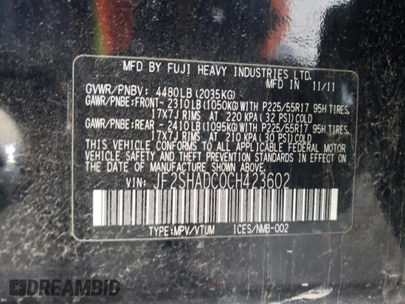 2012 Subaru Forester X Premium с VIN JF2SHADC0CH423602, выставлен на аукционе Copart как лот 57877865 с пробегом 176 062 миль миль и Чистый • Clean title. История ставок и продаж доступна на DreamBid. Изображение 12.