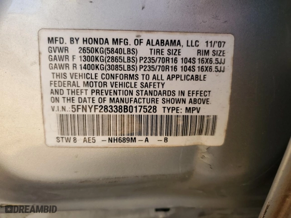2008 Honda Pilot SE with VIN 5FNYF28338B017528, listed as a Copart auction lot 47996945 with 226,374 mi miles and Salvage Title. Bid and sale history available at carsss.com. Image 15.