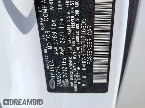 2018 Genesis G80 3.8L with VIN KMHGN4JE6JU216605, listed as a Copart auction lot 61950305 with 34,919 mi miles and Salvage title. Bid and sale history available at DreamBid. Image 12.