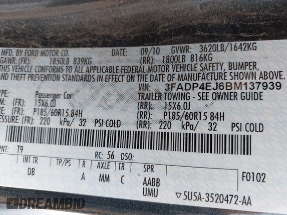 2011 Ford Fiesta SE with VIN 3FADP4EJ6BM137939, listed as a IAAI auction lot 41705008 with 161,166 mi miles. Bid and sale history available at carsss.com. Image 9.