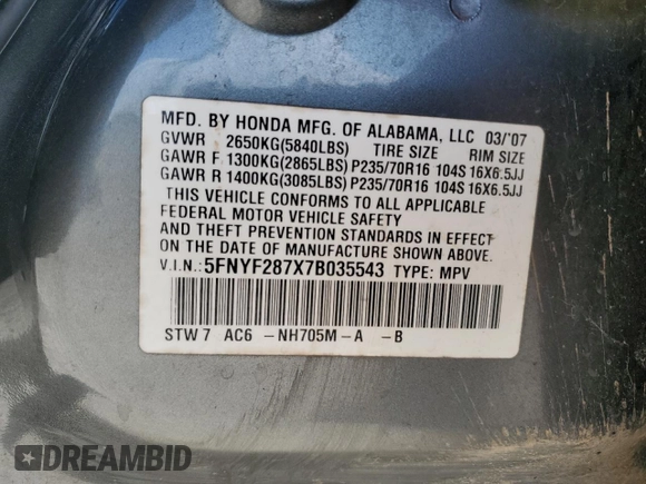 2007 Honda Pilot EX-L with VIN 5FNYF287X7B035543, listed as a Copart auction lot 41758695 with 220,347 mi miles and Salvage Title. Bid and sale history available at DreamBid. Image 13.