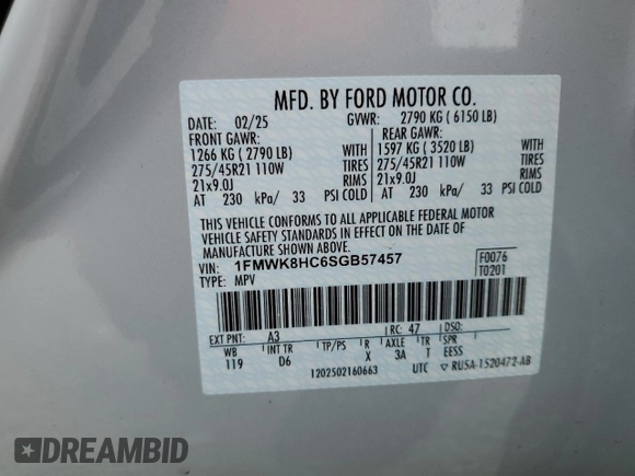 2025 Ford Explorer Platinum with VIN 1FMWK8HC6SGB57457, listed as a Copart auction lot 53721195 with 4,956 mi miles and Salvage title. Bid and sale history available at DreamBid. Image 13.
