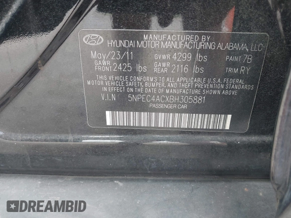 2011 Hyundai Sonata Limited with VIN 5NPEC4ACXBH305881, listed as a IAAI auction lot 42211431 with 148,387 mi miles and . Bid and sale history available at carsss.com. Image 9.