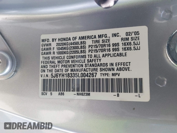 2005 Honda Element LX with VIN 5J6YH18335L004267, listed as a IAAI auction lot 41955187 with 136,283 mi miles and . Bid and sale history available at DreamBid. Image 9.