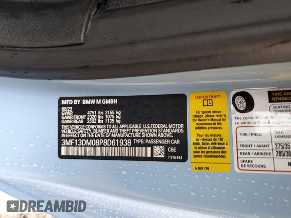 2023 BMW M2 z VIN 3MF13DM08P8D61938, wystawiony jako Copart lot #45193335 z przebiegiem 17 311 mil mil oraz Szkoda całkowita • Salvage title. Historia ofert i sprzedaży dostępna na DreamBid. Obrazek 12.
