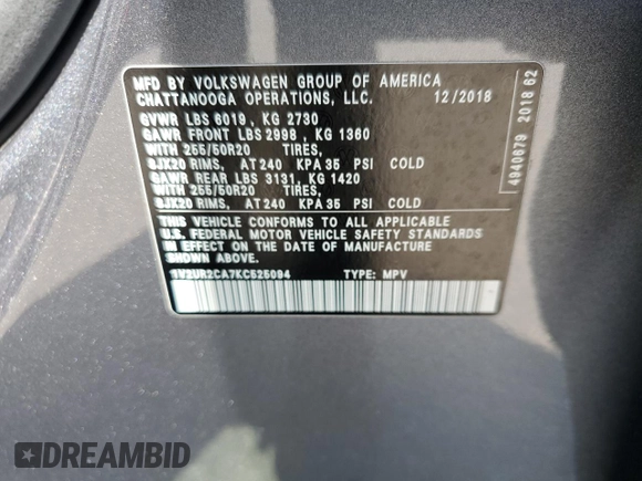 2019 Volkswagen Atlas SE with VIN 1V2UR2CA7KC525094, listed as a Copart auction lot 63902245 with 75,588 mi miles and Salvage title. Bid and sale history available at DreamBid. Image 14.