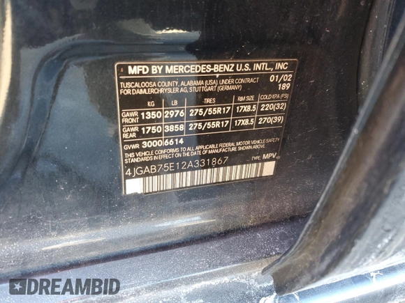 2002 Mercedes-Benz M-Class with VIN 4JGAB75E12A331867, listed as a Copart auction lot 42372375 with 120,434 mi miles and Salvage Title. Bid and sale history available at carsss.com. Image 14.