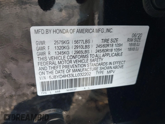 2020 Acura MDX with VIN 5J8YD4H33LL032202, listed as a IAAI auction lot 41892973 with 37,087 mi miles and . Bid and sale history available at DreamBid. Image 9.