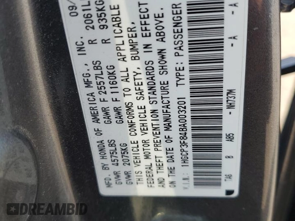 2011 Honda Accord EX-L with VIN 1HGCP3F84BA003201, listed as a Copart auction lot 63855475 with 295,721 mi miles and Clean title. Bid and sale history available at DreamBid. Image 12.