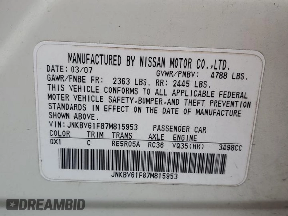 2007 Infiniti G35 G35x with VIN JNKBV61F87M815953, listed as a Copart auction lot 72701634 with 185,017 mi miles and Salvage Title. Bid and sale history available at DreamBid. Image 12.