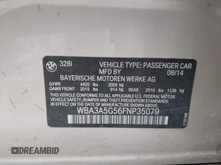2015 BMW 3 Series 328i with VIN WBA3A5G56FNP35079, listed as a IAAI auction lot 42032900 with 107,862 mi miles and . Bid and sale history available at DreamBid. Image 9.