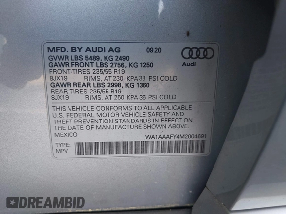 2021 Audi Q5 Premium with VIN WA1AAAFY4M2004691, listed as a IAAI auction lot 42393635 with 17,802 mi miles and . Bid and sale history available at DreamBid. Image 9.