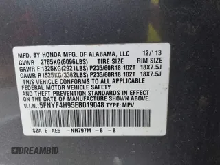 2014 Honda Pilot Touring with VIN 5FNYF4H95EB019048, listed as a IAAI auction lot 41526958 with 172,252 mi miles and . Bid and sale history available at DreamBid. Image 9.