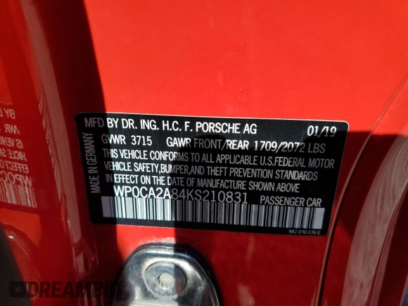 2019 Porsche 718 Boxster z VIN WP0CA2A84KS210831, wystawiony jako Copart lot #49316015 z przebiegiem 53 539 mil mil oraz Szkoda całkowita • Salvage title. Historia ofert i sprzedaży dostępna na DreamBid. Obrazek 12.