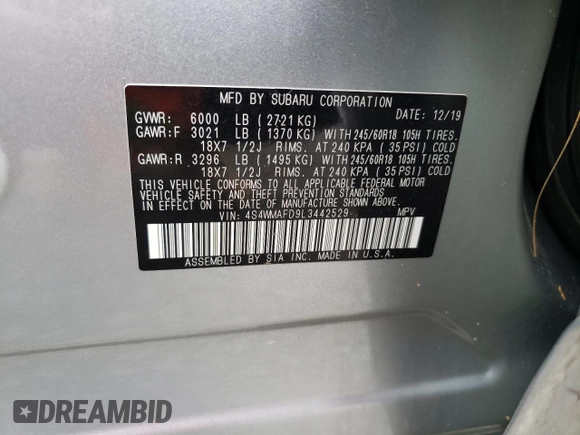 2020 Subaru Ascent Premium with VIN 4S4WMAFD9L3442529, listed as a Copart auction lot 54097995 with 51,931 mi miles and Salvage title. Bid and sale history available at DreamBid. Image 13.