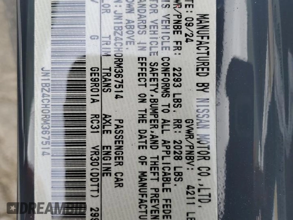 2024 Nissan Z Nismo with VIN JN1BZ4CH0RM367514, listed as a Copart auction lot 52297105 with 1,232 mi miles and Salvage Title. Bid and sale history available at DreamBid. Image 14.