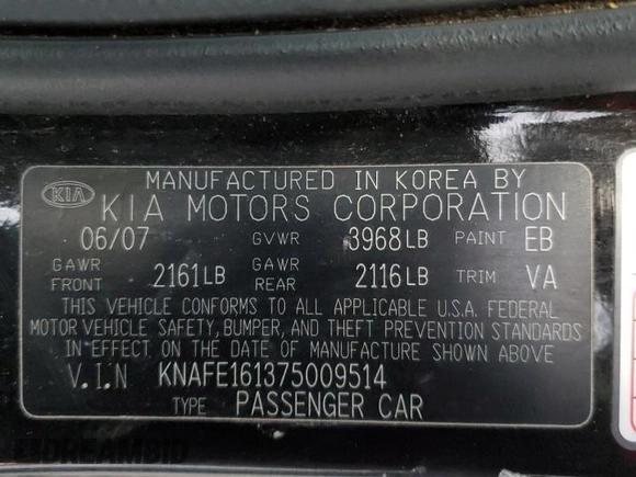 2007 Kia Spectra with VIN KNAFE161375009514, listed as a Copart auction lot 51656405 with 137,418 mi miles and Salvage Title. Bid and sale history available at carsss.com. Image 12.
